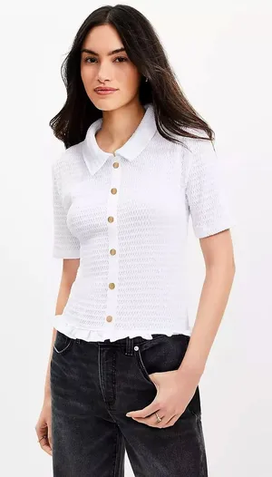 Loft White Smocked Short Sleeve Button Front Polo Cardigan Ruffle Hem Top S SP25 thumbnail 1