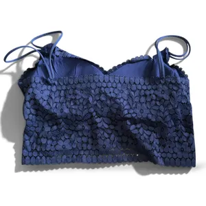 Navy Blue Floral Lace Bralette Crop Top Double Spaghetti Strap V-Neck Scalloped thumbnail 4