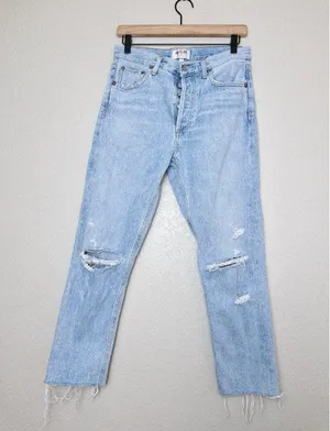 Agolde Jamie High Rise Classic Jean 27 Blue Distressed Button Fly Raw Hem Cotton thumbnail 1