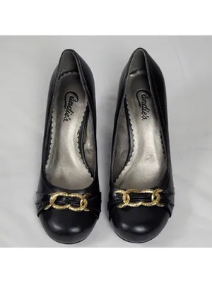 Candies Black Faux Leather Chunky Kitten Heels Pump With Gold Chain Bow Sz 8 M thumbnail 4