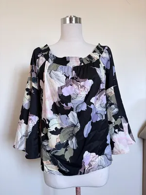 Bar III Black Floral Off-the-Shoulder Bell Sleeve Blouse thumbnail 1