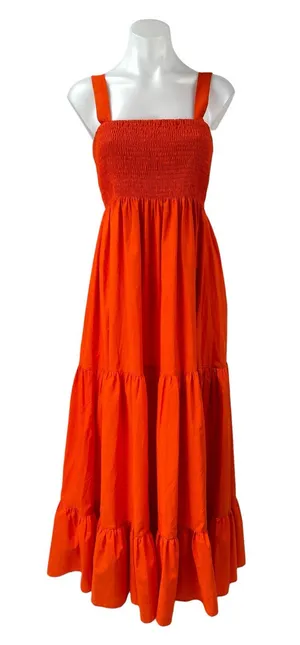 ZARA Orange Smocked Tiered Sleeveless Square Neck Maxi Cami A-line Dress Size S thumbnail 1