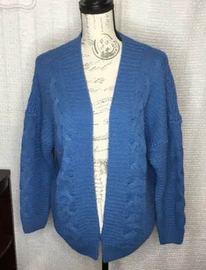 Blue Cable Knit Open Front Cardigan Sweater by PrinStory thumbnail 1