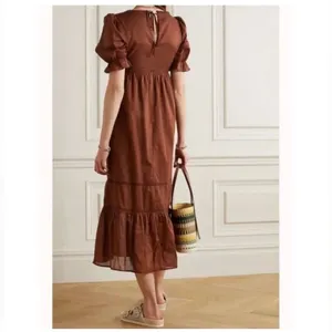 Reformation Bekkah Crocheted Lace Trim Organic Cotton Midi Dress in Cinnamon XS thumbnail 5