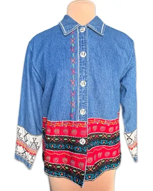 Vintage Oversized Embroidered Denim‎ Jacket Boho Cowgirl Southwestern Festival thumbnail 1