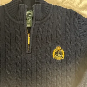 Ralph Lauren Navy 1/4 Zip-Up mock neck cable knit Sweater szPM thumbnail 2