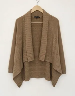 GAP Taupe Cable Knit Open Cardigan Women’s Small Draped Waterfall Cozy Sweater thumbnail 1