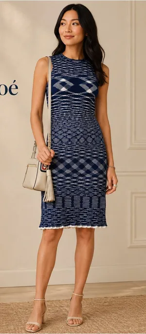 See by Chloé Navy & White Geometric Ribbed Knit Dress XL thumbnail 1