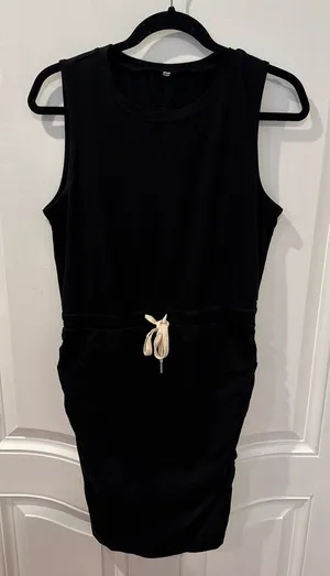 Black Athletic Tank Dress Drawstring Waist Pockets Ruched Sleeveless Size Large thumbnail 1
