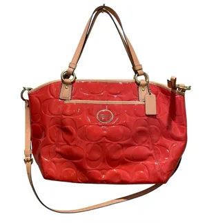 Coach Peyton Embossed Patent Leather Coral Orange Shoulder Crossbody Tote F20028 thumbnail 1