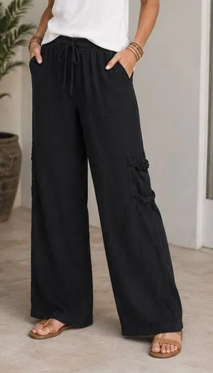 Soft Surroundings Black Linen Blend Wide Leg Cargo Pants Women’s L Boho Resort thumbnail 1