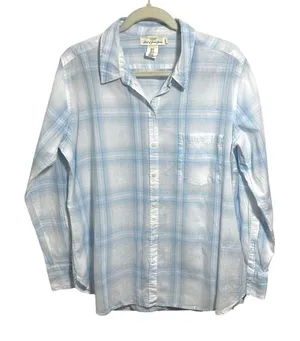 H&M Logg Women's Sz 12 Button Down Plaid Shirt Collared Long Sleeve Blue White thumbnail 1
