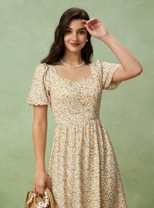 Rihoas Yellow Floral Puffed Sleeve Midi Dress thumbnail 2