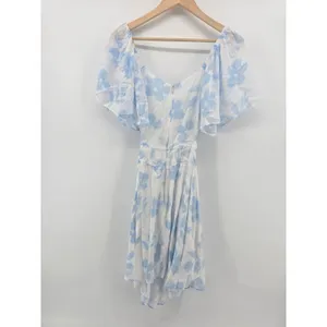 Sabo Skirt Mini Dress Womens M White Blue Abstract Floral Cutout Back‎ Flutter thumbnail 3