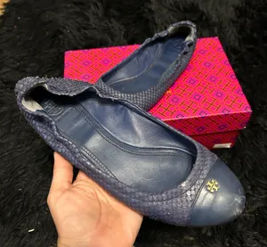 Tory Burch TB gold logo blue leather flats slip on shoes thumbnail 1