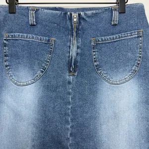 Women VTG y2k Blue Denim Asymmetrical Skirt with‎ Brown Faux Suede Fringe Hem thumbnail 7
