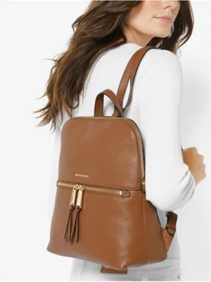 Michael Kors Rhea Pebbled Leather Slim Backpack And Wallet Luggage Tan thumbnail 11