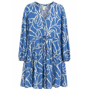 H&M Blue Abstract Print Tiered Mini Dress L thumbnail 2