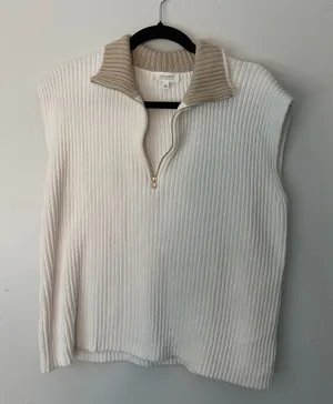 Haven Ribbed Half-Zip Sweater Vest in Cream with Tan Collar thumbnail 1