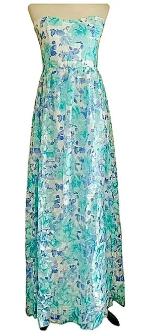 Floral Strapless Modcloth Maxi Dress by Minuet Size Blue Teal & White Large thumbnail 1