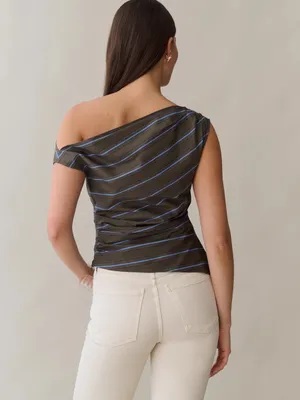 NWT o.p.t Tashi Cotton top size 2 Earthy Stripe one shoulder brown blue Few Moda thumbnail 3