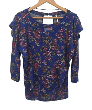 Free People Ruffle Front Top Womens S Blue Floral 3/4 Sleeve Knit‎ Keyhole Back thumbnail 1