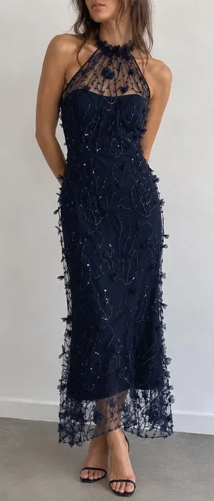 Dessy Collection Maya Navy 3D Floral Sequin Halter Dress Size 2 Fairycore thumbnail 1