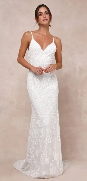 NWOT Lulus Everlasting Passion White Sequin Beaded Backless Maxi Dress Bride M thumbnail 1