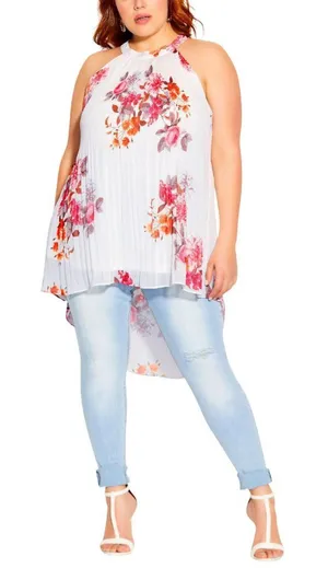 NWT City Chic Hi-Low Sleeveless Pleated Tunic Top Ivory Floral Crush White 18W thumbnail 1