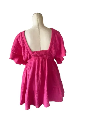 NWT Tiered Mini Dress Cotton Gauge Drop Sleeve Deep V Neck Smocked Mini Dress thumbnail 4