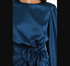 Petal & Pup Opal Navy Blue Satin Long Balloon Sleeve Wrap Mini Dress 4 thumbnail 10
