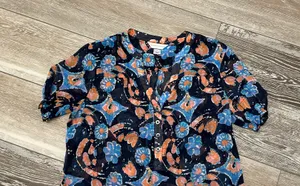 Christopher & Banks Sz M Sheer Floral Blouse Navy Blues Pinks White thumbnail 6