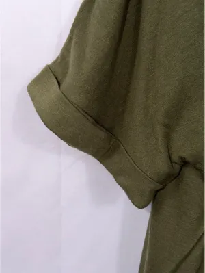 Womens XL Olive Green V Neck Pocket Tee Rolled Sleeve Stretch Casual Oversized T thumbnail 4
