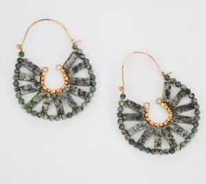 Anthropologie Green Stone Hoop Earrings Gold Toned thumbnail 1