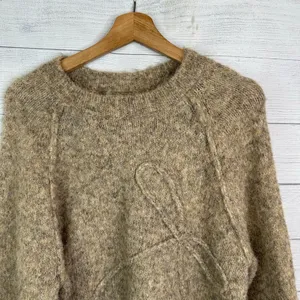 American Eagle Bow Brown Fuzzy Cable Knit Cropped Sweater Cottagecore Academia M thumbnail 3