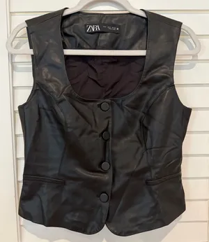 Zara Biker Faux Leather Vest Top Sz S Black Goth Edgy Shirt thumbnail 1