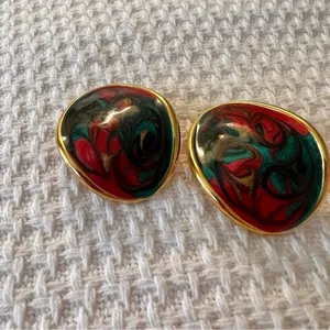 Vintage Multicolor‎ Hand Painted Earrings Green thumbnail 5