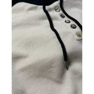 Womens Waffle Knit Colorblock Henley Hoodie Navy Cream Raglan Thermal Top XL thumbnail 3