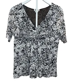 Chaus XL Womens Black White Abstract Swirl Mesh V-Neck Knot Front Blouse Top thumbnail 1