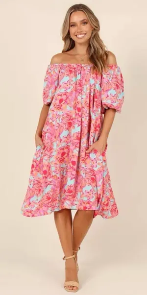 Petal + Pup Leyden Pink Floral Puff Sleeve Midi Dress US 8 NWT thumbnail 1