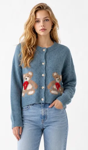 Luna Ivy Cardigan Sweater M Blue Teddy Bear 3D Bow Button Front K5397 thumbnail 1
