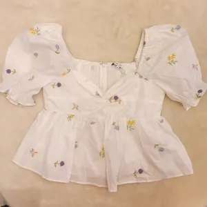 English Factory White Puff Sleeve Embroidered Floral Peplum Top thumbnail 1