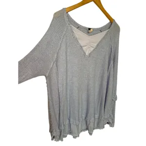 Free People We The Free Laguna Oversized Waffle Knit Thermal Top Women’s L Blue thumbnail 3