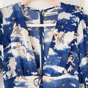 Reformation Blue‎ Laurelei Angel Print Viscose V-Neckline Dress 6P thumbnail 5