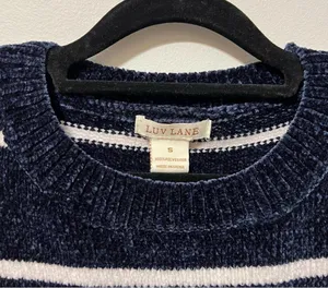 Luv Lane Striped Chenille Knit Sweater Dark Blue White Crewneck S thumbnail 9