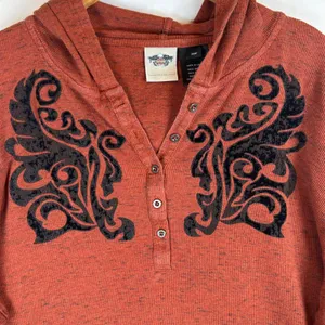 Harley-Davidson Womens 3W Rust Orange Space Dye Hooded Henley Flocked Top 2014 thumbnail 9