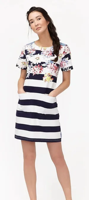 Joules Women's Seren Jersey Woven Mix Dress -‎ Stripe Whitstable Floral Size 6 thumbnail 1