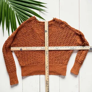 Free People Orange Open Knit Slouchy V-Neck Sweater Boho Oversized (READ) thumbnail 9