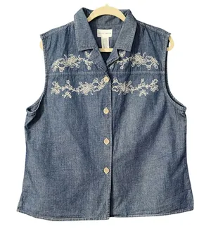 Jaclyn Smith Women's Western Denim‎ Sleeveless Top Blue Floral Embroidered XL thumbnail 1