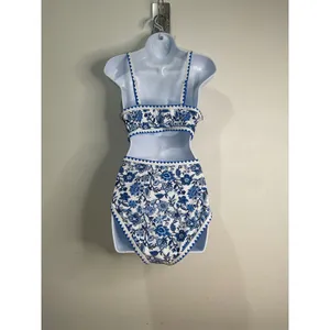 Womens Blue White Floral High Waisted Bikini Set Scallop Trim XL thumbnail 5
